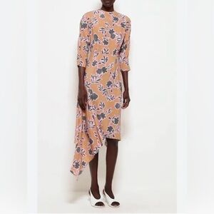 St. John collection Handkerchief Hem Silk Blend  Dress Camel Pink Gray 12 $1,195